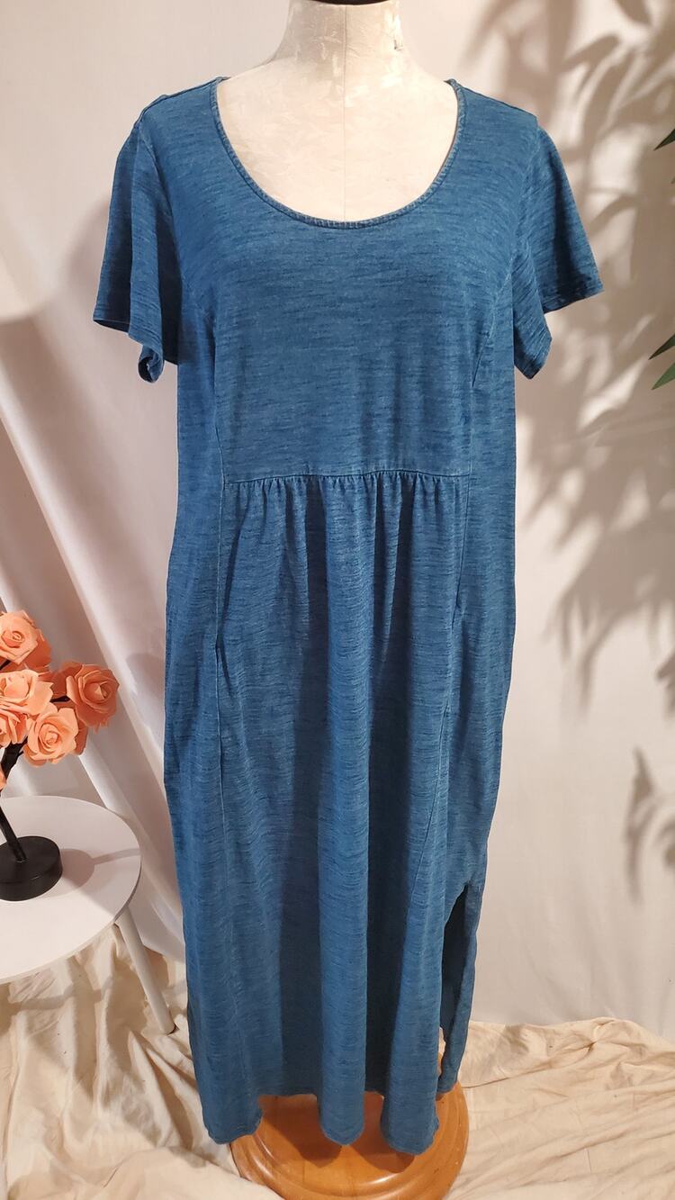 Pure Jill Indigo Spacedye Short Sleeve Scoop Neck Maxi Dress 1X 100% Cotton - Picture 1 of 12